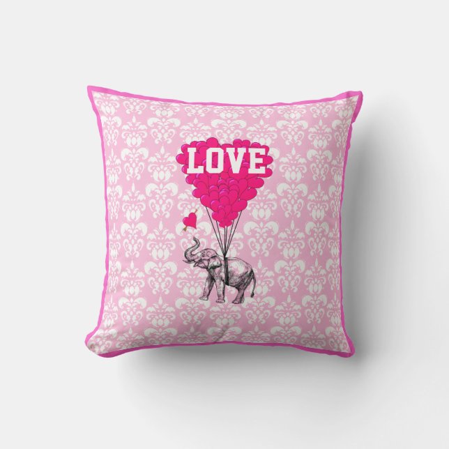 Romantic elephant on pink damask throw pillow (Front)