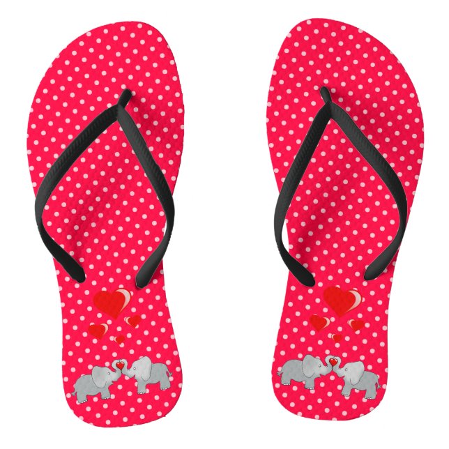 Romantic Elephants & Red Hearts On Polka Dots Flip Flops (Footbed)