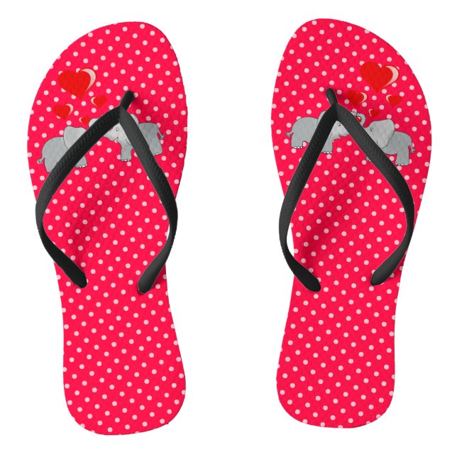 Romantic Elephants & Red Hearts On Polka Dots Flip Flops (Footbed)