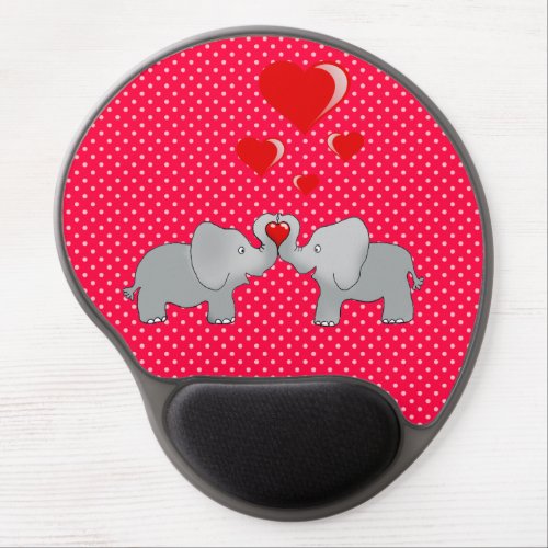 Romantic Elephants  Red Hearts On Polka Dots Gel Mouse Pad
