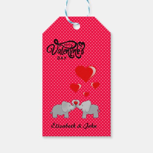 Romantic Elephants  Red Hearts On Polka Dots  Gift Tags