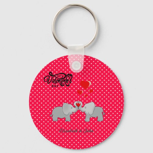 Romantic Elephants  Red Hearts On Polka Dots  Keychain