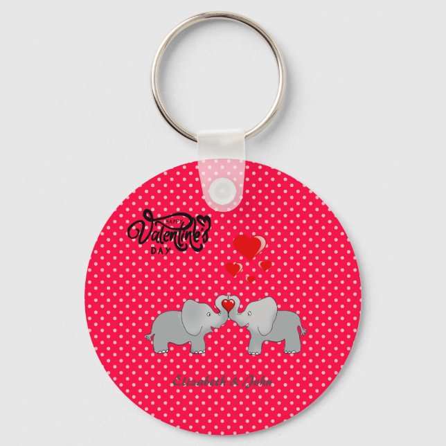 Romantic Elephants & Red Hearts On Polka Dots  Keychain (Front)