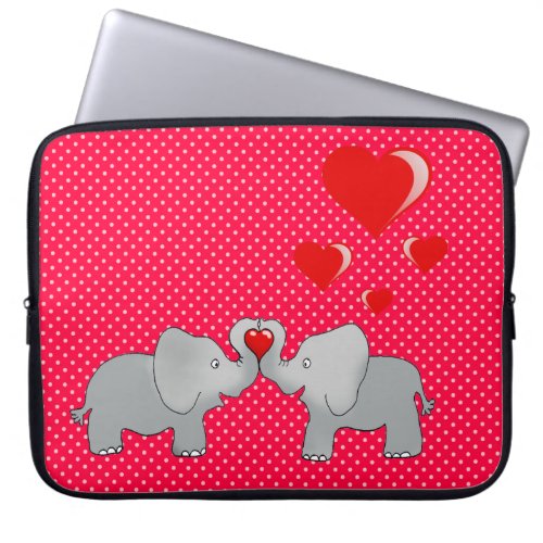 Romantic Elephants  Red Hearts On Polka Dots Laptop Sleeve