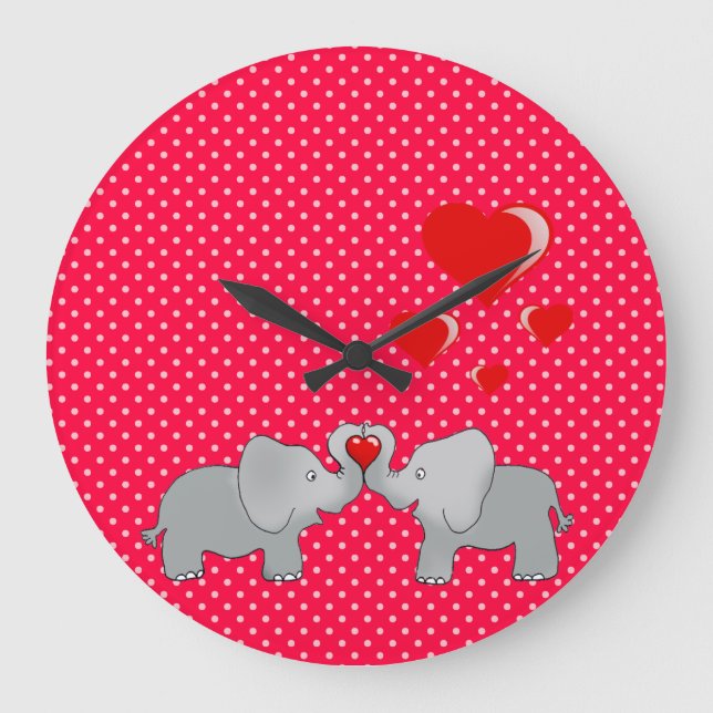 Romantic Elephants & Red Hearts On Polka Dots Large Clock (Front)