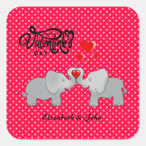 Romantic Elephants  Red Hearts On Polka Dots   Square Sticker