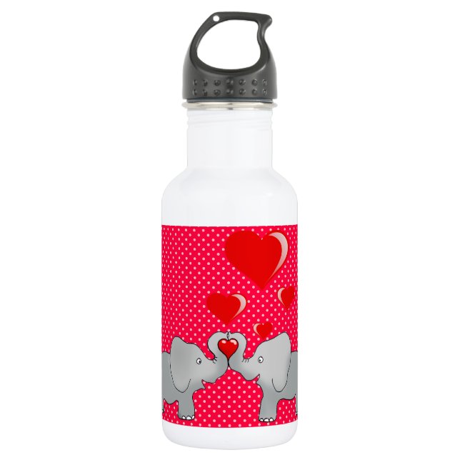 Romantic Elephants & Red Hearts On Polka Dots Stainless Steel Water Bottle (Front)