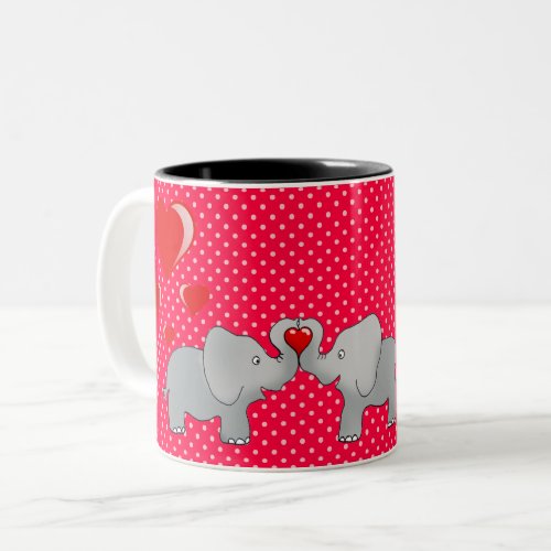 Romantic Elephants  Red Hearts On Polka Dots Two_Tone Coffee Mug