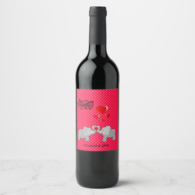 Romantic Elephants & Red Hearts On Polka Dots    Wine Label (Front)