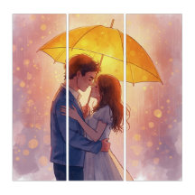 Romantic Embrace Under Umbrella Triptych Canvas |