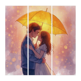Romantic Embrace Under Umbrella Triptych Canvas |