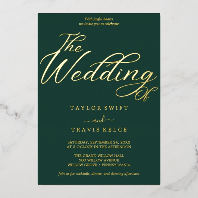 Romantic Emerald & Gold Foil Wedding  Foil Invitation (Front)