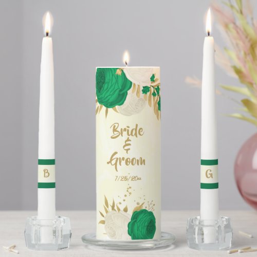 Romantic emerald green  white floral gold wedding unity candle set