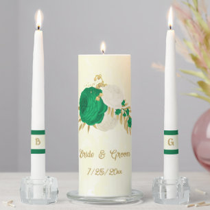 Romantic emerald green & white floral gold wedding unity candle set