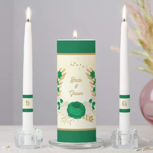 Romantic emerald green  white floral gold wedding unity candle set