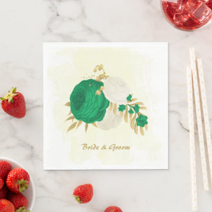 Romantic emerald green & white flowers gold napkins