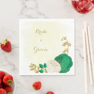 Romantic emerald green & white flowers gold napkins