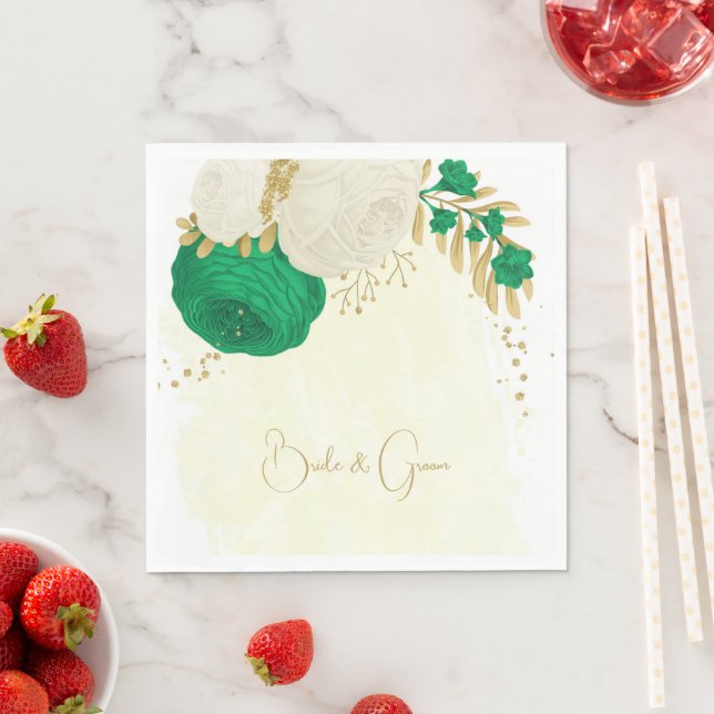 Romantic emerald green & white flowers gold napkins (Insitu)
