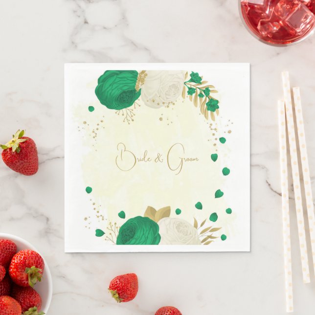 Romantic emerald green & white flowers gold napkins (Insitu)