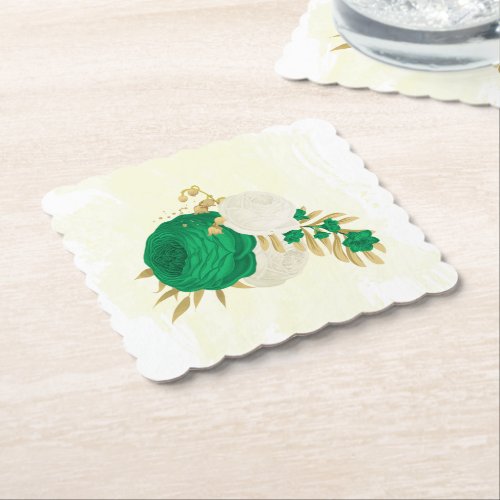 Romantic emerald green  white flowers gold  paper coaster