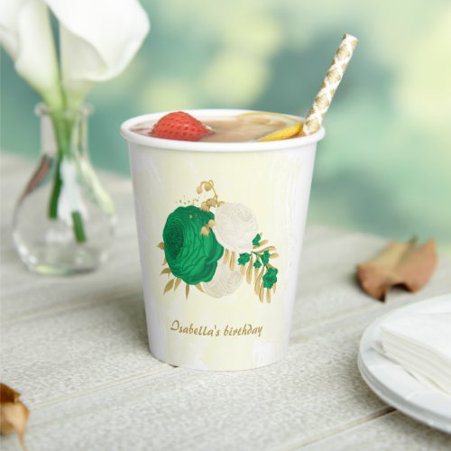 Romantic emerald green  white flowers gold paper cups