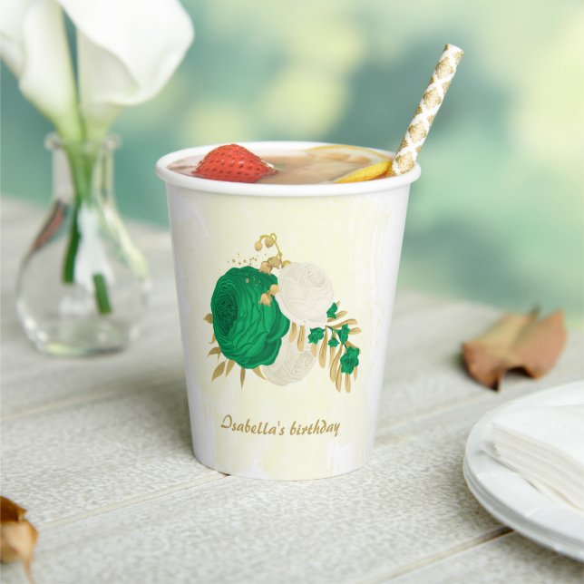 Romantic emerald green & white flowers gold paper cups (Insitu)