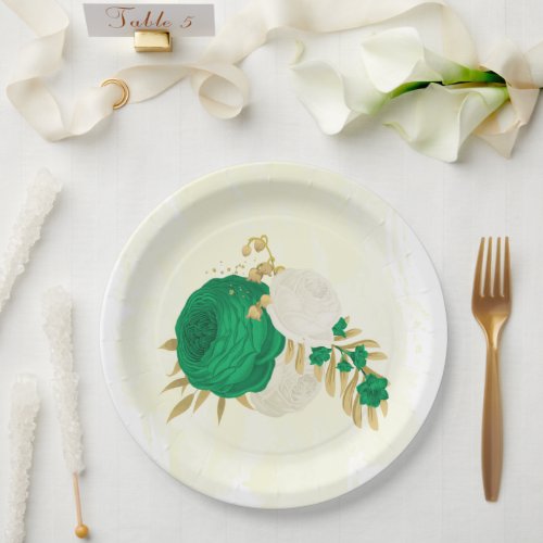 Romantic emerald green  white flowers gold  paper plates