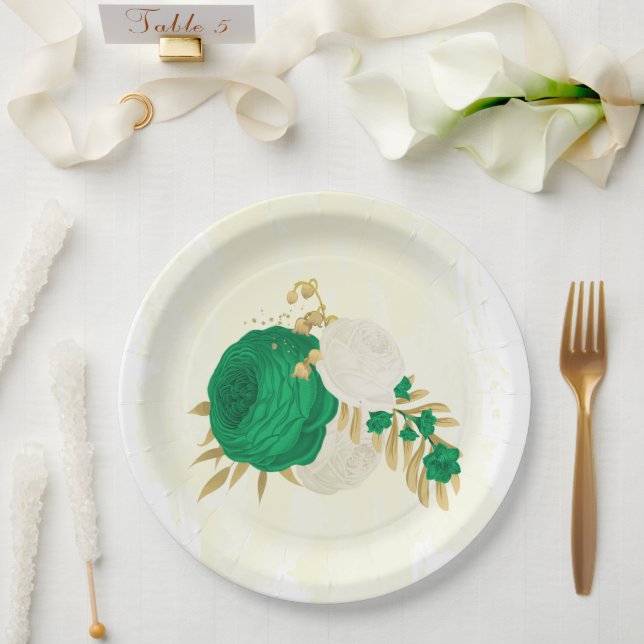 Romantic emerald green & white flowers gold  paper plates (Wedding)