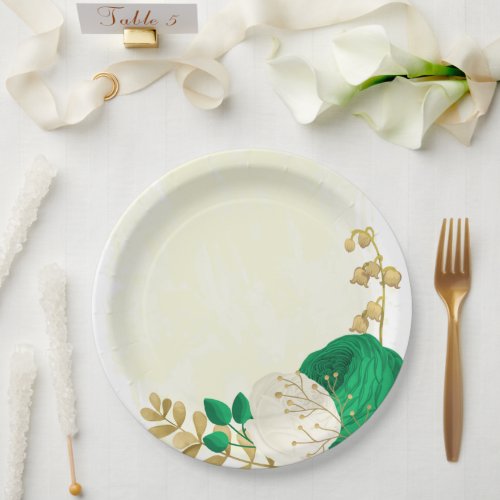 Romantic emerald green  white flowers gold paper plates