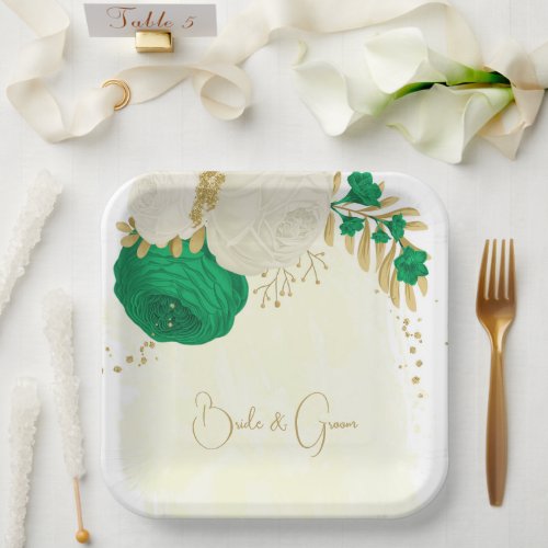 Romantic emerald green  white flowers gold paper plates