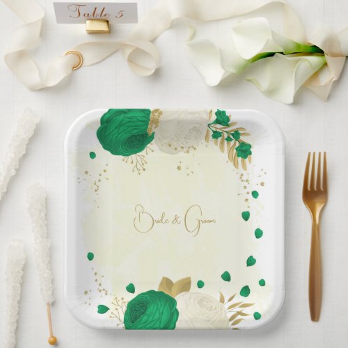 Romantic emerald green  white flowers gold paper plates