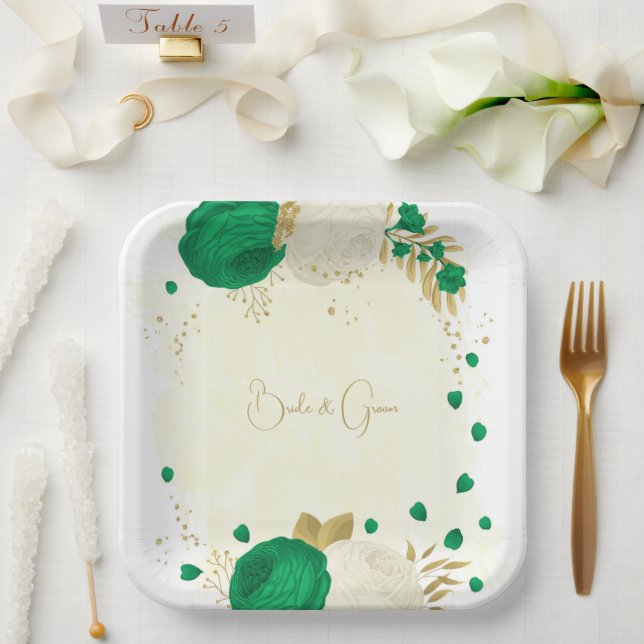 Romantic emerald green & white flowers gold paper plates (Wedding)