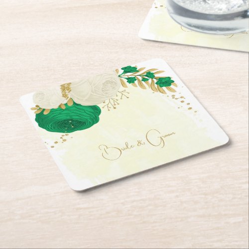 Romantic emerald green  white flowers gold square paper coaster