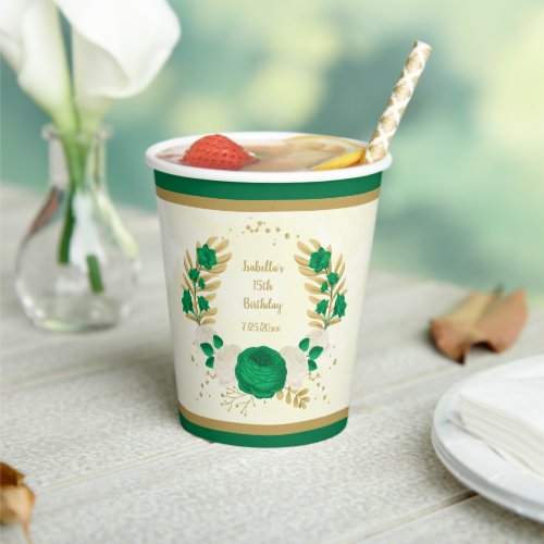 Romantic emerald green  white flowers gold wreath paper cups