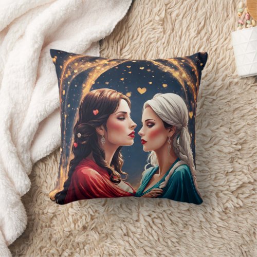 Romantic Encounter Between Two Elegant Women Throw Pillow