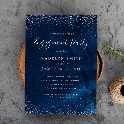 Romantic Engagement Party Navy Blue Silver  Invitation