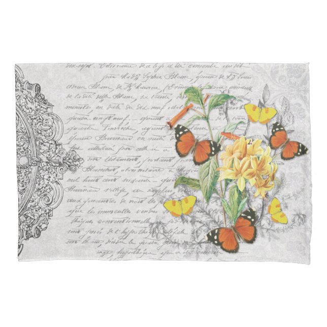 Romantic Ephemera Butterflies Floral French Script Pillow Case (Front)