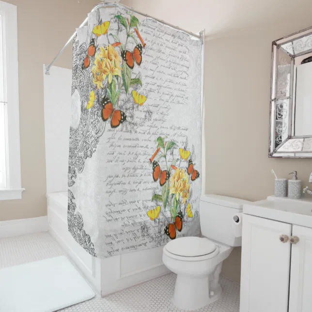 Romantic Ephemera Butterflies Floral French Script Shower Curtain Zazzle