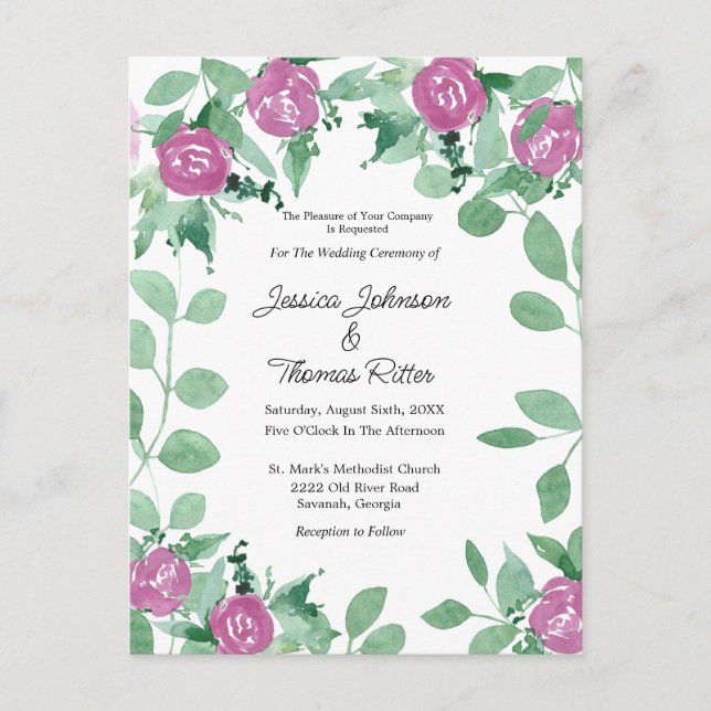 Romantic Eucalyptus Pink Roses Wedding Invitation  Postcard (Front)