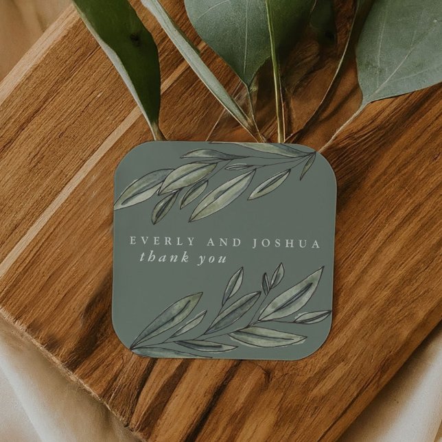 Romantic Evergreen Thank You Favor Square Sticker (Romantic Evergreen Thank You Favor Square Sticker)