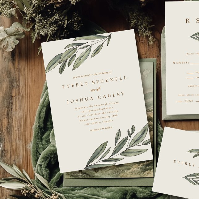 Romantic Evergreen  Wedding Invitation (Romantic Evergreen watercolor botanical wedding invitations)