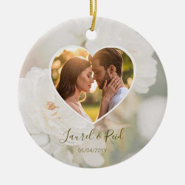 Romantic Faded White Roses Heart Photo Wedding Ceramic Ornament (Front)