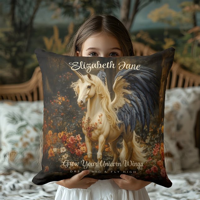 Romantic Fairy Tale Forest Unicorn With Wings Throw Pillow (Creator Uploaded)