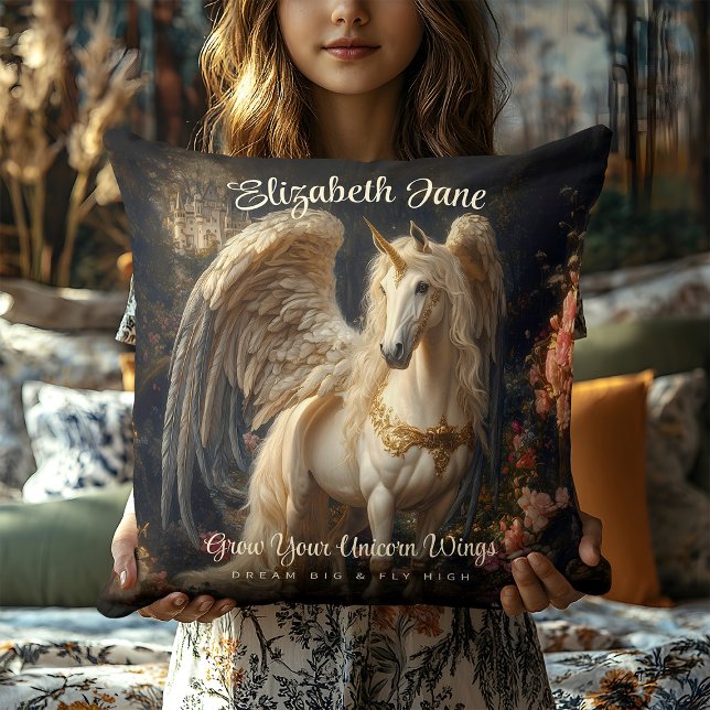 Romantic Fairy Tale Forest Unicorn With Wings Throw Pillow (Creator Uploaded)