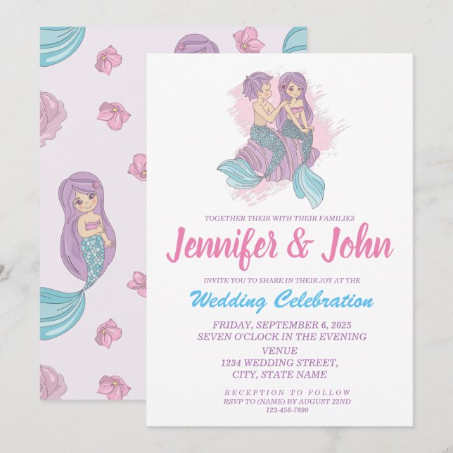Romantic Fairy Tale Mermaid Wedding Invitation (Front/Back)