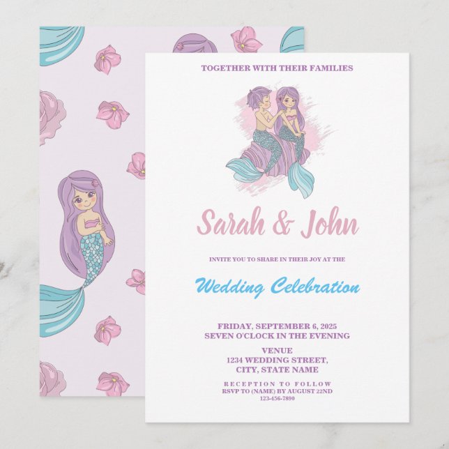 Romantic Fairy Tale Mermaid Wedding Invitation (Front/Back)