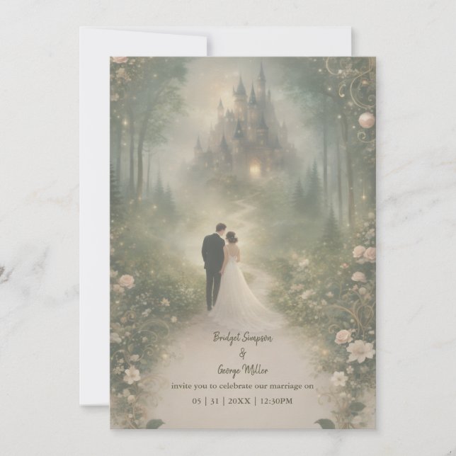 Romantic Fairytale Castle Forest Path Wedding Invitation (Front)