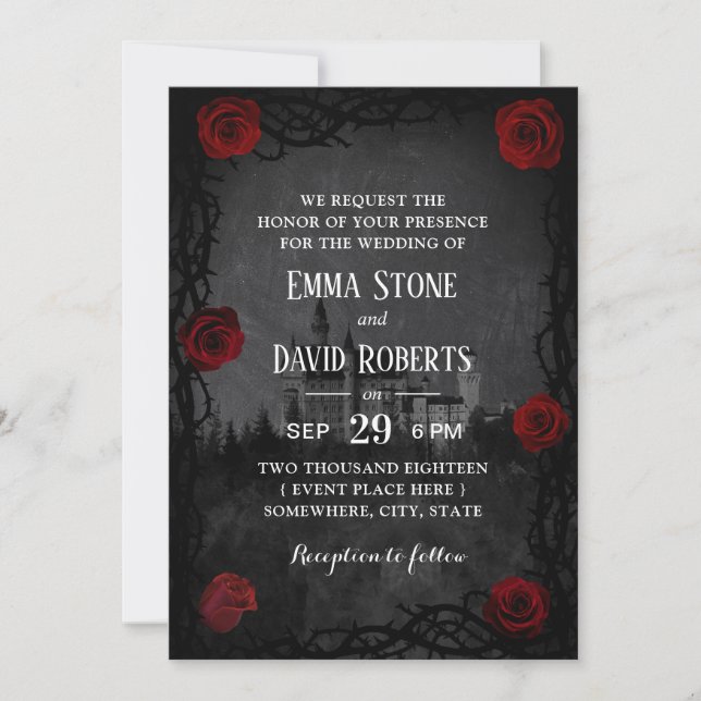 Romantic Fairytale Castle Rose Thorn Dark Wedding Invitation (Front)