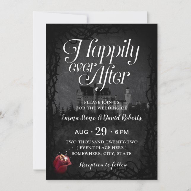 Romantic Fairytale Castle Rose Thorn Wedding Invitation (Front)