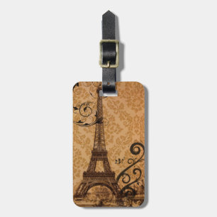 Romantic Fall Autumn damask Paris Eiffel Tower Luggage Tag